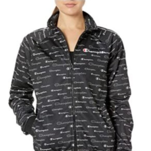 Champion Black Monogram Long Sleeve Cuffed Wrist Zippered Track Jacket WM US 2XL - Picture 11 of 12